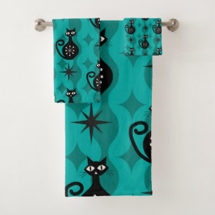 Mid Century Black Atomic Cats on Teal Ogee  Bath Towel Set