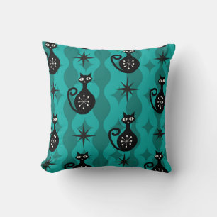 Mid Century Black Atomic Cats on Teal Ogee  Cushion