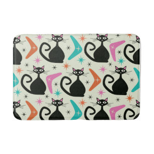 Mid Century Black Atomic Cats with Boomerangs  Bath Mat