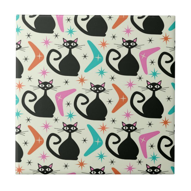 Mid Century Black Atomic Cats with Boomerangs  Ceramic Tile (Front)