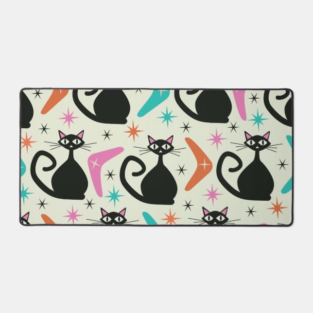 Mid Century Black Atomic Cats with Boomerangs  Desk Mat (Front)