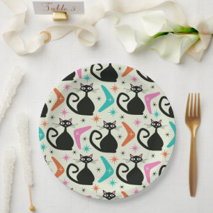 Mid Century Black Atomic Cats with Boomerangs  Paper Plate