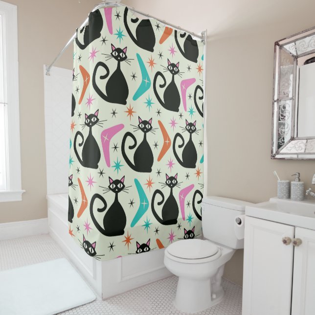 Mid Century Black Atomic Cats with Boomerangs  Shower Curtain (In Situ)