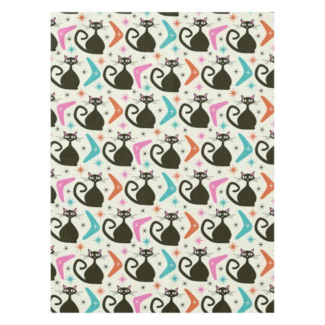 Mid Century Black Atomic Cats with Boomerangs Tablecloth (Front)