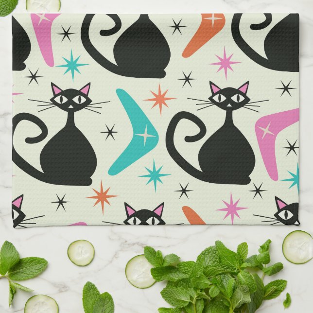 Mid Century Black Atomic Cats with Boomerangs Tea Towel (Folded)