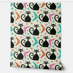 Mid Century Black Atomic Cats with Boomerangs Wallpaper