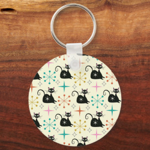 Mid Century Black Atomic Cats with Retro Starburst Key Ring