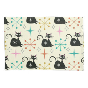 Mid Century Black Atomic Cats with Retro Starburst Pillowcase