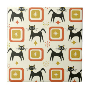 Mid Century Black Atomic Cats with Vintage squares Ceramic Tile