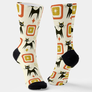 Mid Century Black Atomic Cats with Vintage squares Socks