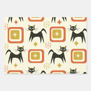 Mid Century Black Atomic Cats with Vintage squares Wrapping Paper Sheet
