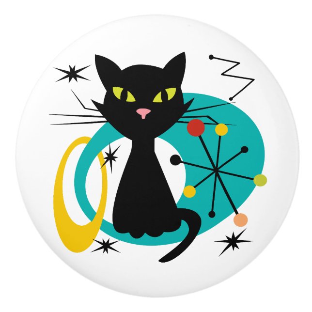 Mid Century black cat Ceramic Knob (Front)