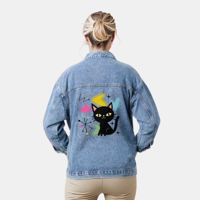 Mid Century black cat  Denim Jacket (Model)