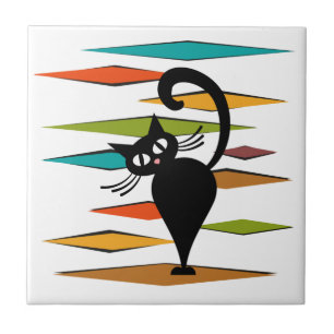 Mid Century black cat design Ceramic Tile