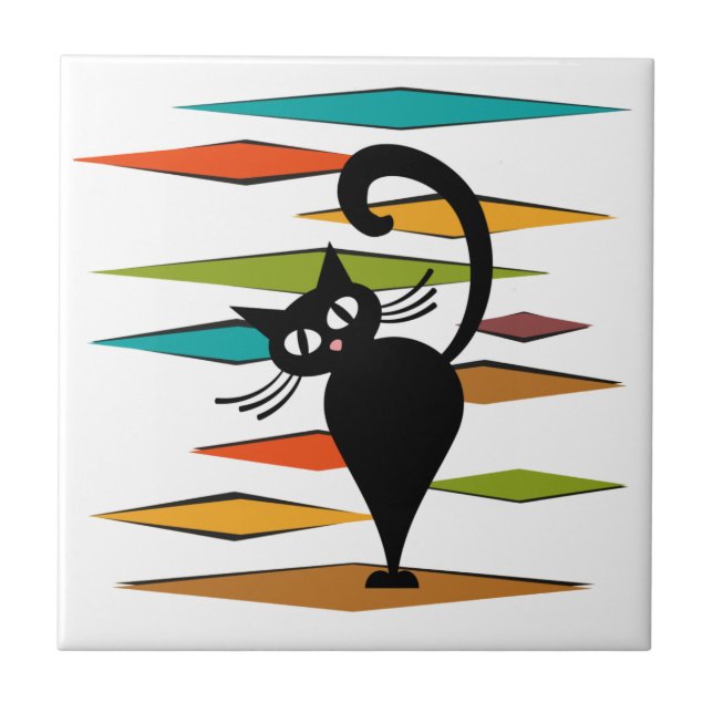 Mid Century black cat design Ceramic Tile (Front)