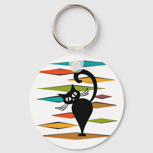 Mid Century black cat design Key Ring (Front)