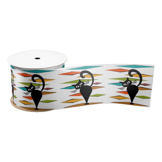 Mid Century black cat design Satin Ribbon (Spool)