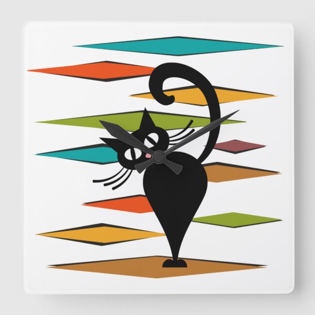 Mid Century black cat design Square Wall Clock (Front)