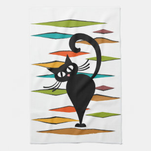 Mid Century black cat design Tea Towel