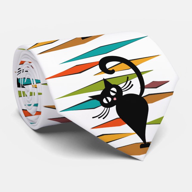 Mid Century black cat design Tie (Rolled)