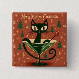 Mid Century Black Cat Merry Martini Christmas 15 Cm Square Badge