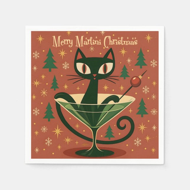 Mid Century Black Cat Merry Martini Christmas Napkin (Front)