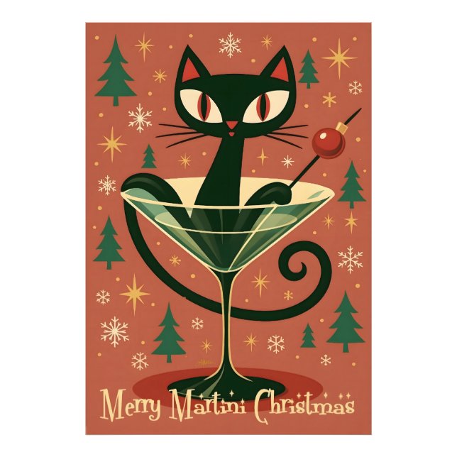 Mid Century Black Cat Merry Martini Christmas Photo Print (Front)
