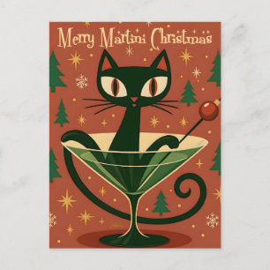 Mid Century Black Cat Merry Martini Christmas Postcard
