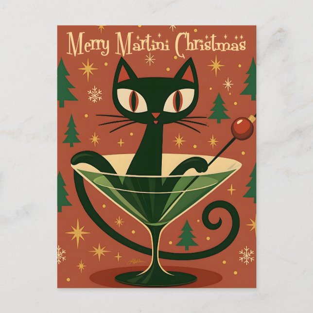 Mid Century Black Cat Merry Martini Christmas Postcard (Front)