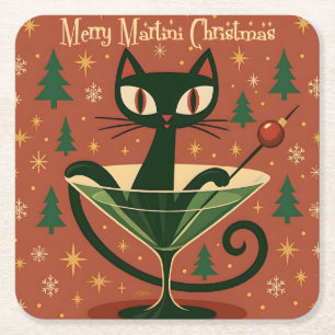 Mid Century Black Cat Merry Martini Christmas Square Paper Coaster