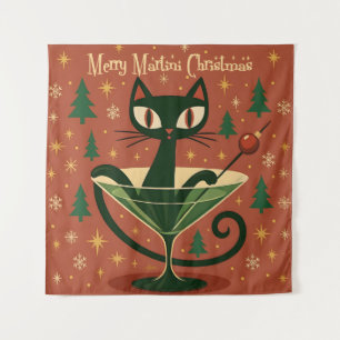 Mid Century Black Cat Merry Martini Christmas Tapestry
