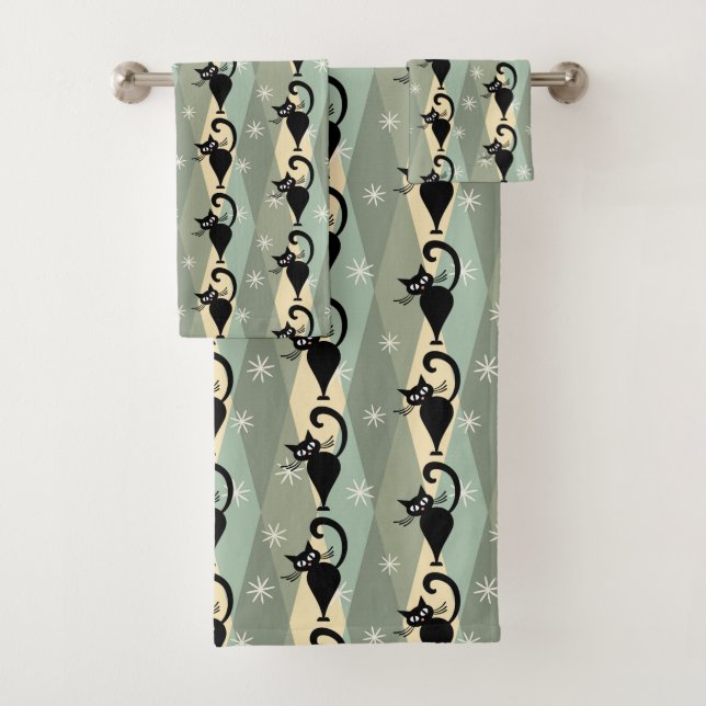 Mid Century black cat pattern Bath Towel Set (Insitu)