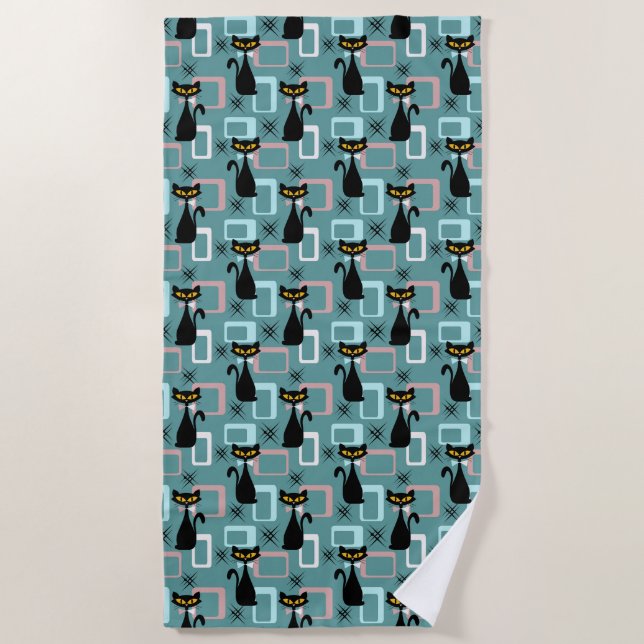 Mid Century black cat pattern  Beach Towel (Front)
