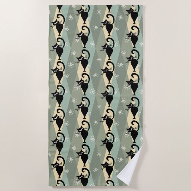 Mid Century black cat pattern Beach Towel (Front)