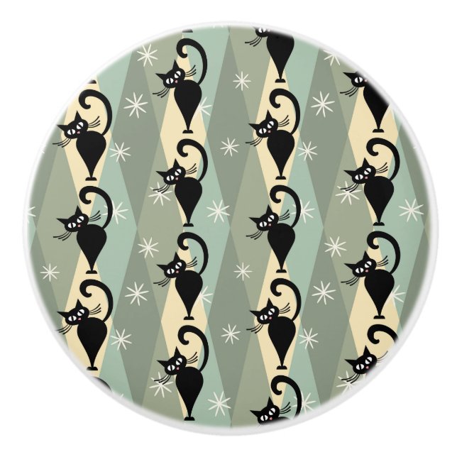 Mid Century black cat pattern Ceramic Knob (Front)