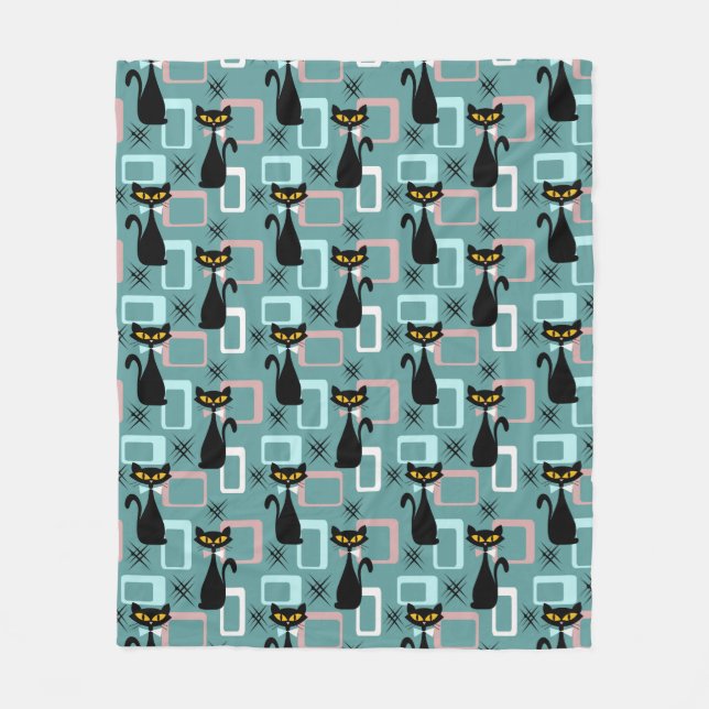 Mid Century black cat pattern Fleece Blanket (Front)