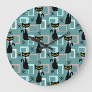 Mid Century black cat pattern Large Clock