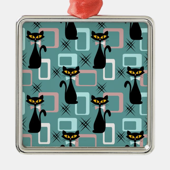 Mid Century black cat pattern Metal Ornament (Front)