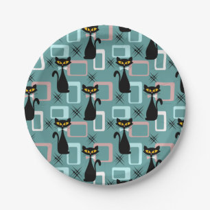 Mid Century black cat pattern Paper Plate
