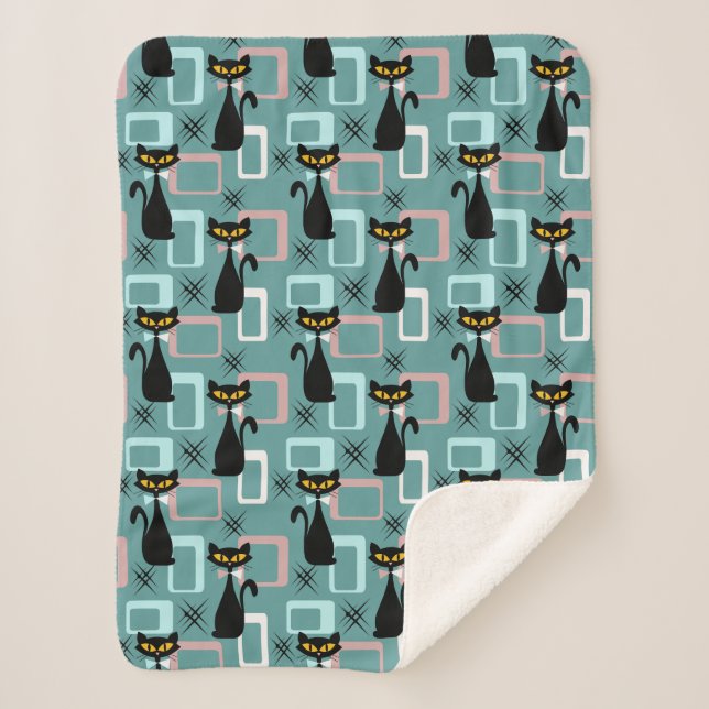 Mid Century black cat pattern Sherpa Blanket (Front)