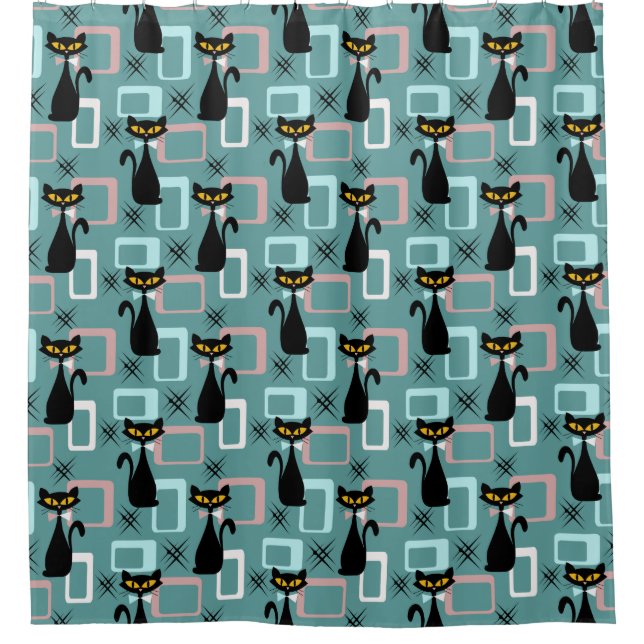 Mid Century black cat pattern Shower Curtain (Front)