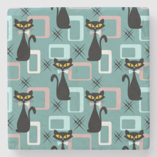 Mid Century black cat pattern Stone Coaster