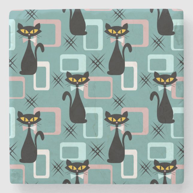 Mid Century black cat pattern Stone Coaster (Front)