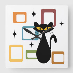 Mid Century black cat Square Wall Clock