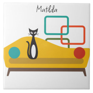 Mid-century black & white cat on sofa. 1950s ceramic tile