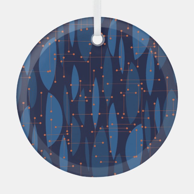 Mid-Century Blue Atomic Seamless Pattern Glass Tree Decoration (Front)