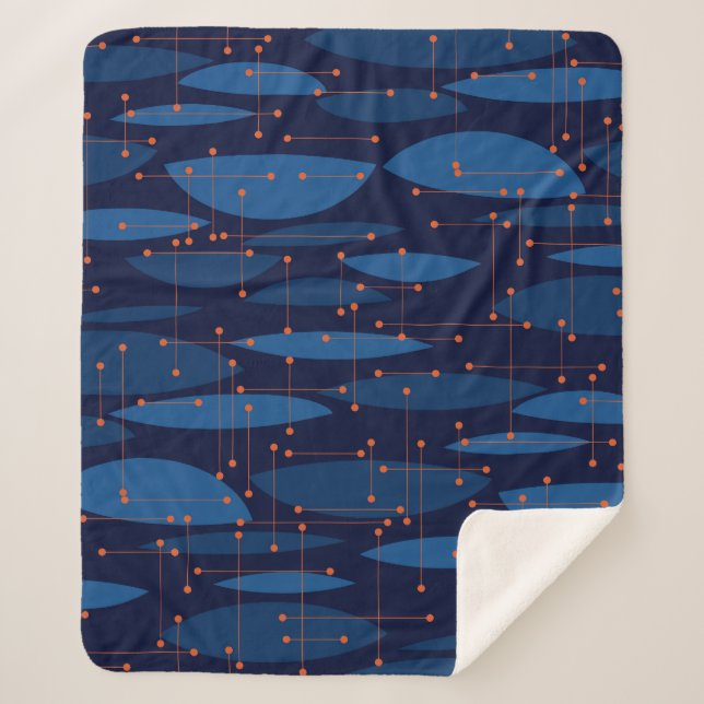 Mid-Century Blue Atomic Seamless Pattern Sherpa Blanket (Front)