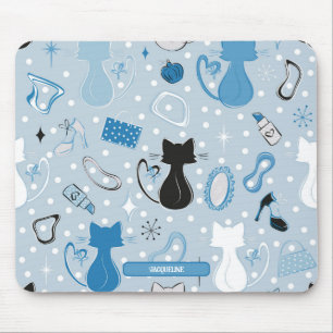 Mid Century Blue Heart Cats Mouse Pad