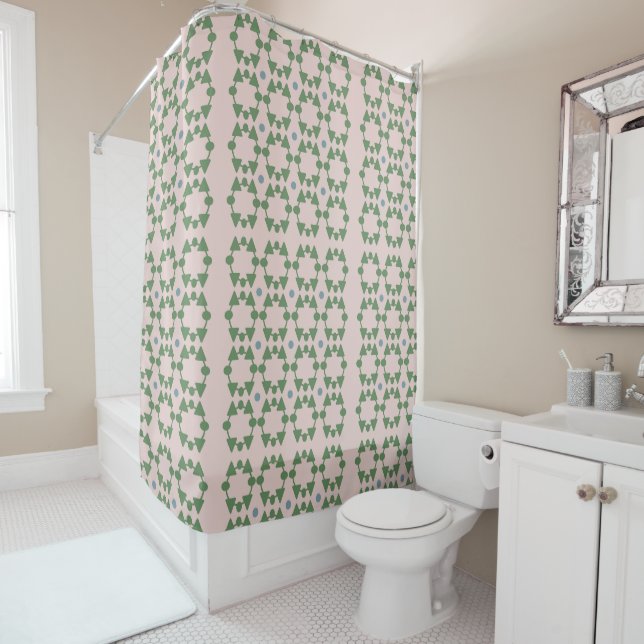 Mid century blush pink, sage green patterned  shower curtain (In Situ)