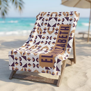 Mid Century Boho Purple & Mustard Chic Custom Name Beach Towel